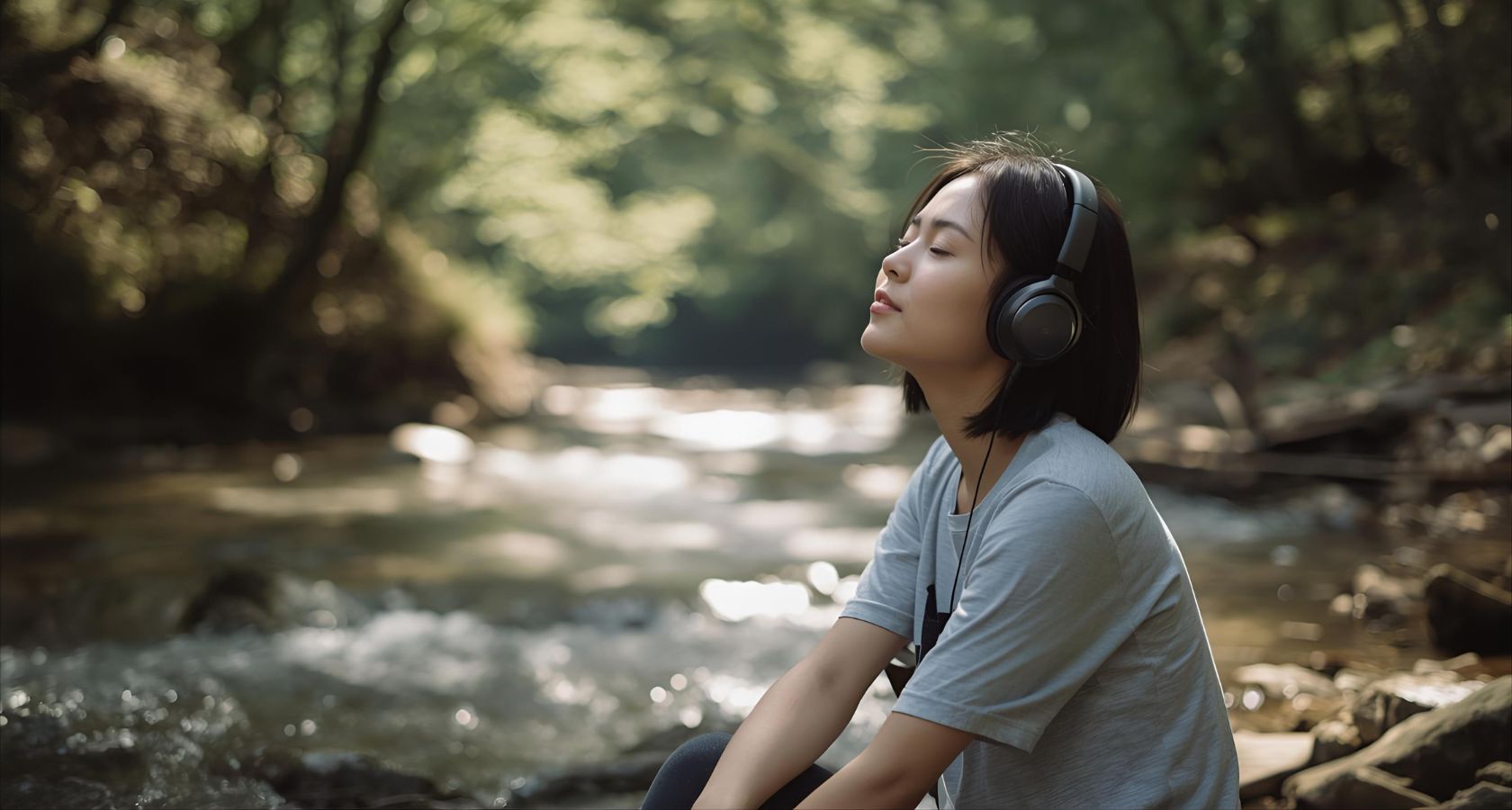 自然音を聴いてリラックスした女性